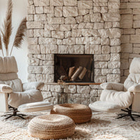 Cozy living room with stone fireplace in Kelsham 01, beige armchairs, and decorative elements.