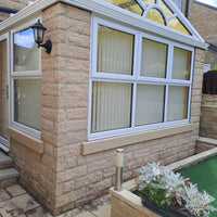 Buff 04 Windowsill Paint applied to exterior conservatory window sills with a warm creamy beige Yorkstone finish