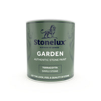 A 1 litre tin of Stonelux Garden Paint, a stone effect paint designed for use on various outdoor surfaces, including stone, brick, concrete, wood and more.