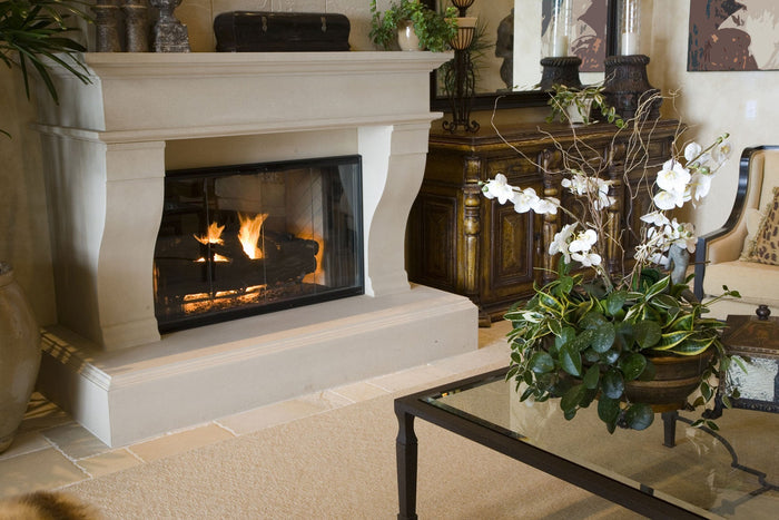 Living room featuring a stone effect fireplace painted in Buff 04 design