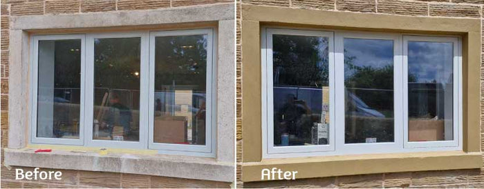 Restored windowsill painted with Stonelux Stone Effect Paint in Simply Stone finish, seamlessly matching natural stonework