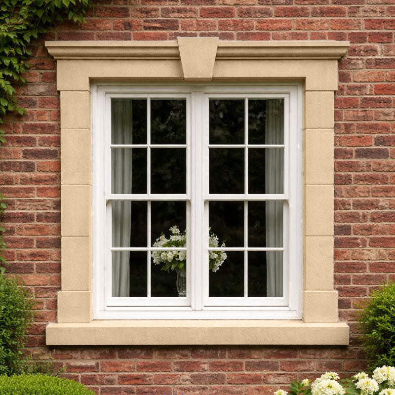 Abbey 26 Windowsill Paint colour inspiration on an exterior window surround against red brick with a soft creamy buff finish and gentle warm yellow undertones