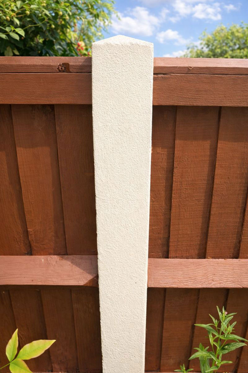 Alnwick 16 Garden Paint applied to an exterior fence post with a soft Portland cream stone effect finish