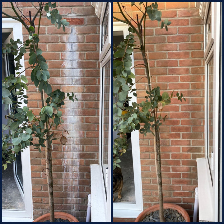 A before-and-after comparison of a brick wall treated with Stonelux Brick Coating. The left side shows water-stained bricks from a removed boiler, while the right side displays a restored, even-toned brick finish