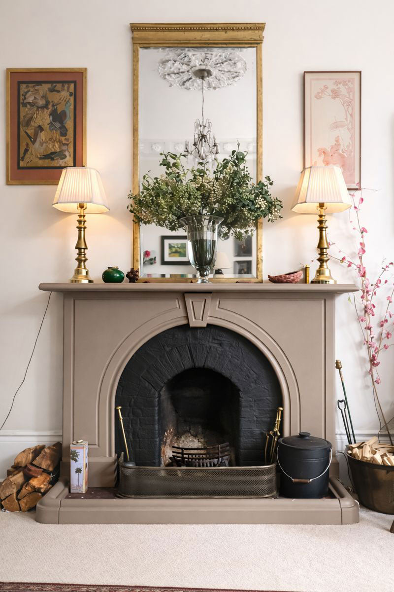 Chawton 40 Fireplace Paint applied to a traditional fireplace surround with a deep biscuit beige finish and subtle grey undertones