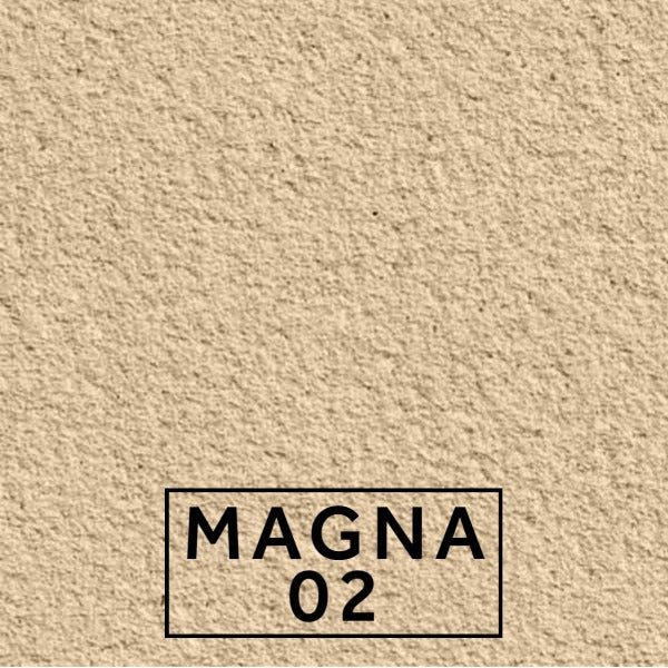 Magna 02 textured stone effect paint sample showing a warm buff beige natural stone finish