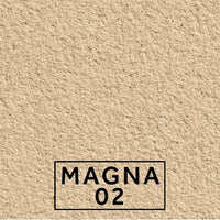 Magna 02 textured stone effect paint sample showing a warm buff beige natural stone finish