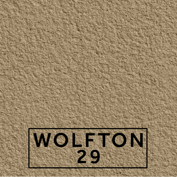 Wolfton 29 textured stone effect paint close-up showing a deep buff beige finish with soft earthy brown undertones