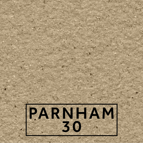 Parnham 30 textured stone effect paint close-up showing a warm buff beige finish with soft grey brown variation and dark mineral flecking