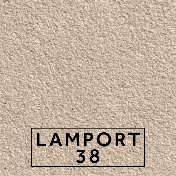 Lamport 38 textured stone effect paint sample showing a light warm beige Portland Stone finish with subtle grey undertones