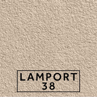 Lamport 38 textured stone effect paint sample showing a light warm beige Portland Stone finish with subtle grey undertones