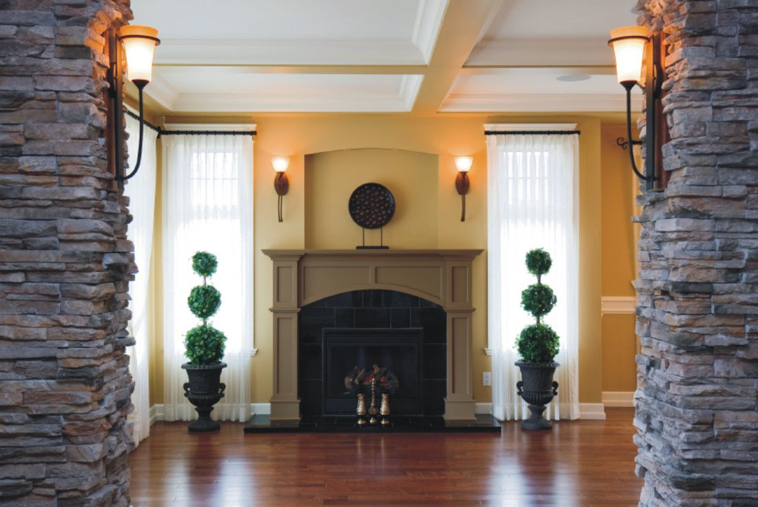 Rich Buff 17 Fireplace Paint applied to a traditional fireplace surround with a warm rich buff Yorkstone finish