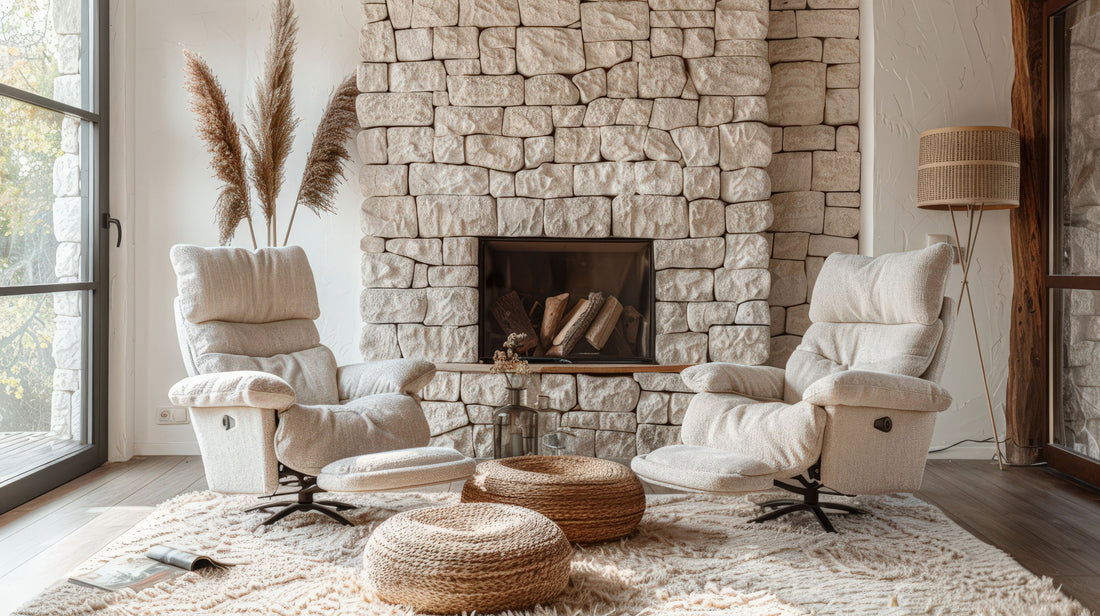 Cozy living room with stone fireplace in Kelsham 01, beige armchairs, and decorative elements.