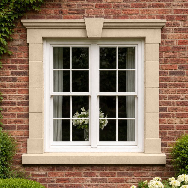 Marney 31 Windowsill Paint colour inspiration on an exterior window surround against red brick with a warm sandy beige finish and gentle grey brown depth