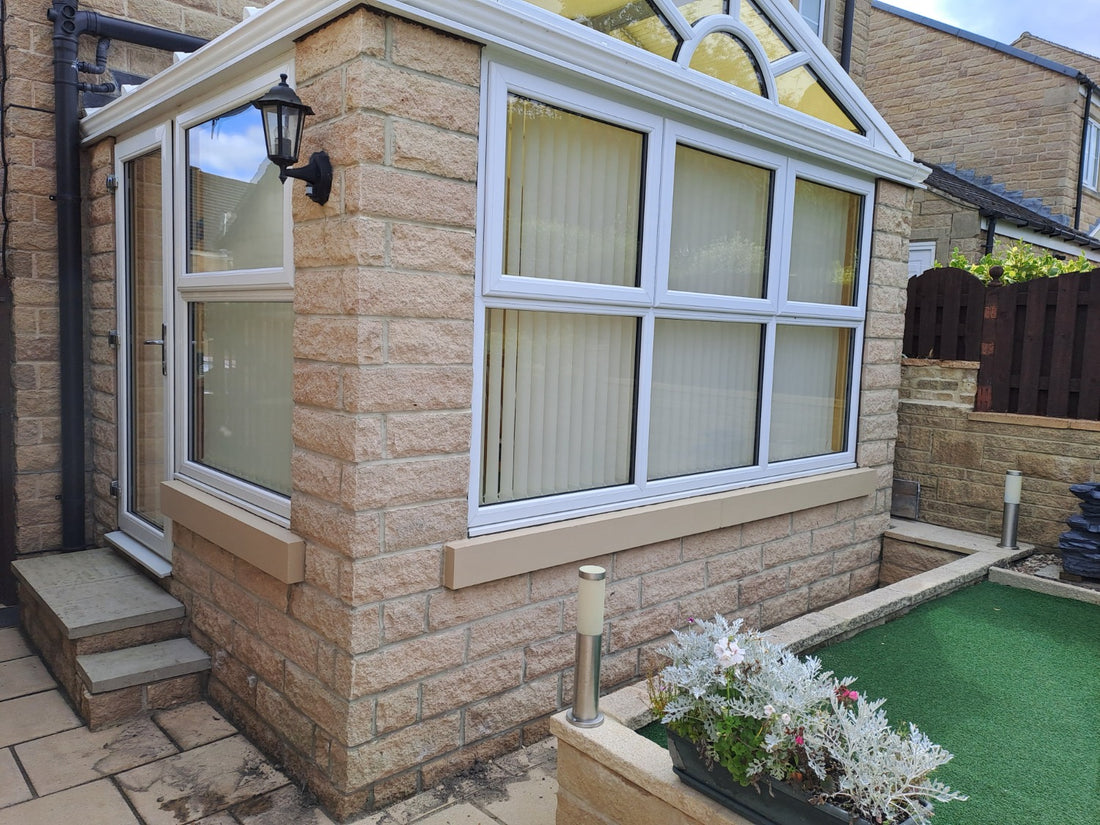 Buff 04 Windowsill Paint applied to exterior conservatory window sills with a warm creamy beige Yorkstone finish