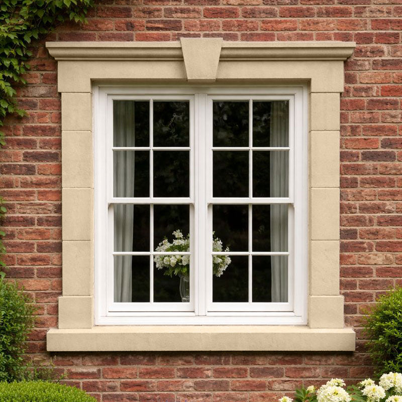 Wolfton 29 Windowsill Paint colour inspiration on an exterior window surround against red brick with a deep buff beige finish and soft earthy brown undertones