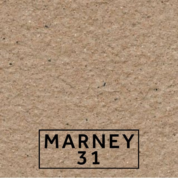 Marney 31 textured stone effect paint close-up showing a warm sandy beige finish with gentle grey brown depth and dark mineral flecking