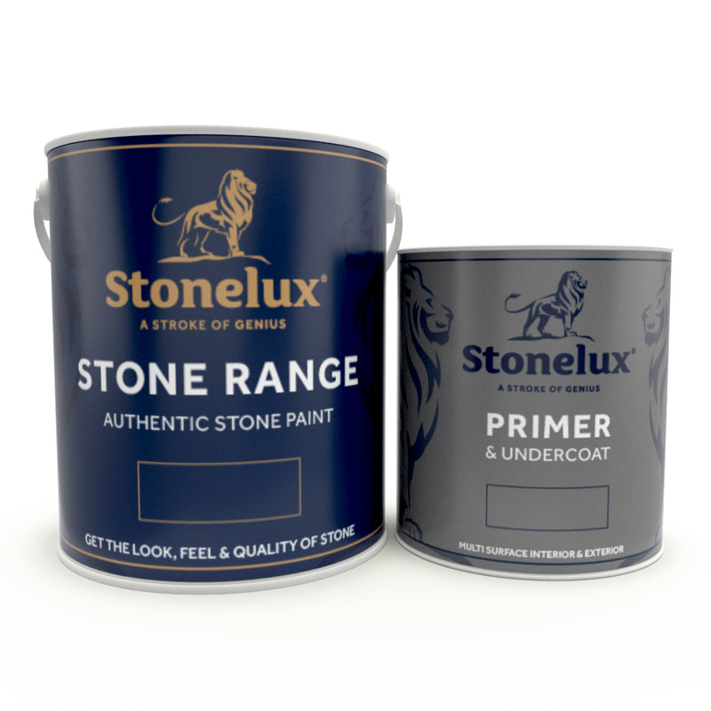 A 2.5 litre tin of Stonelux The Stone Range and 1 litre Primer
