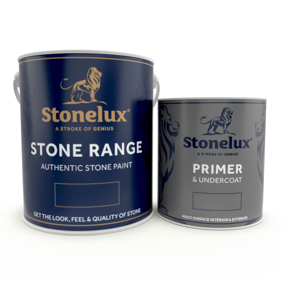 A 2.5 litre tin of Stonelux The Stone Range and 1 litre Primer