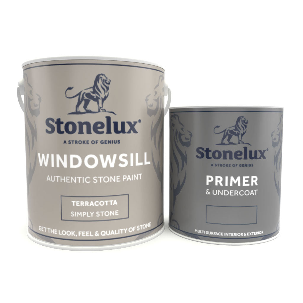 A 2.5 litre tin of Stonelux Windowsill Paint and 1 litre Primer